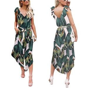 Belongski Banana Leaf Print Jumpsuit XL Green‎ NWT